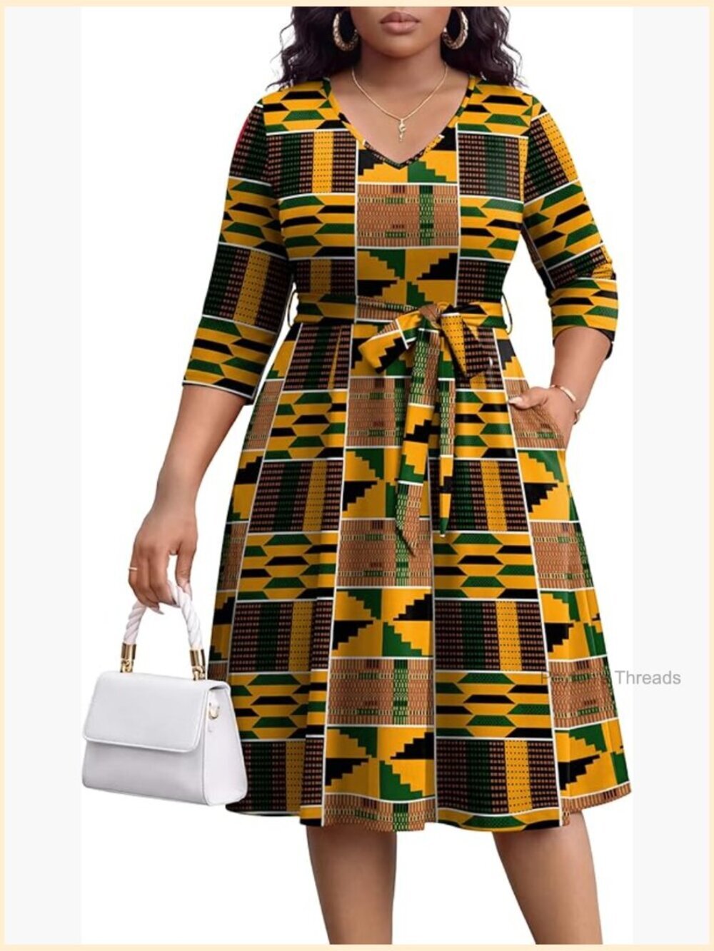 Plus Size A-Line Midi Dress V-Neck 3/4 Sleeve with Pockets
